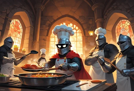 knight, big eyes, helmet, cape, big helmet, castle, stone wall, backlit, edgelit, huge gauntlets, cooking, holding a frying pan, fraying pan, pots, beard, chef hat on helmet, helmet, chef hat, lanterns, character focus, furious, angry, fuming, closeup, extreme closeup, very detailed helmet, group photo,