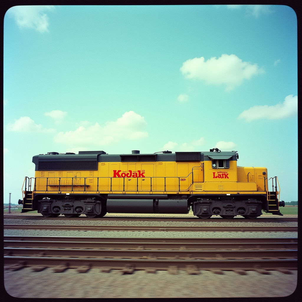<lora:Kodak Motion Picture Film style v1:1>
Film grain still image of a yellow train engine sitting on top of a track,outdoors,sky,day,english text,blue sky,no humans,ground vehicle,scenery,motor vehicle , cinematic look, film look, filmic, contrast, detailed, high quality, sharp image, film color, Kodak Motion Picture Film style, different color, different people, different look, different style, 35MM Film, 16MM Film, Photographic film, music video style, artistic style, cinematic style, film granularity, film noise, image noise, artistic effect, Fujicolor, Fuji film, Analog photography, movie style, movie still, Film grain overlay, Film Grain style