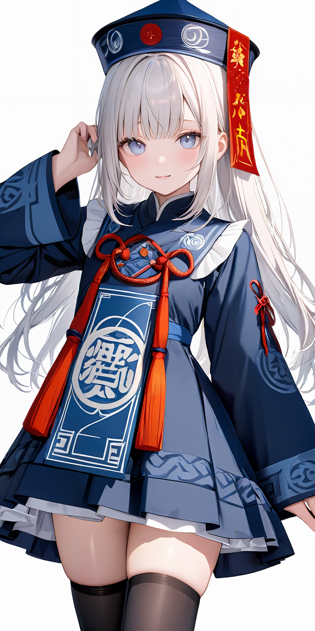 masterpiece,ultra-detailed,best quality,8K,illustration,cute face,clean skin ,shiny hair,girl,simple background,
 <lora:add-detail-xl:1> <lora:jiangshi dress_XL_V1.0:1> jyojifuku, ofuda, blue dress, ribbon,hat,thighhighs,shoes,frills
