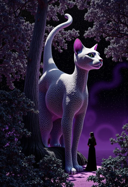 ancientstyle, abstract digital art, a giant cat made out of pure shining silver metal sits on a large tree looking down. A small woman in black robes looks up at the cat her long black hair flowing in the wind. Intricate dot and line patterns, purple and black background, wavy patterns, surreal, hypnotic, otherworldly, fluid motion, high contrast, minimalistic, dark background, vibrant colors, psychedelic, low-angle_view