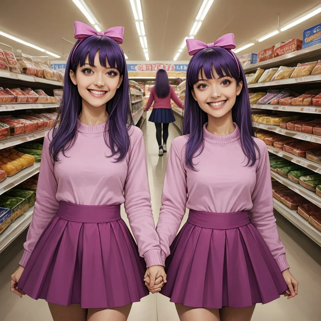 score_9, score_8, score_9,  sherri-terri, 2girls, twins, purple hair, hair bow, skirt, supermarket,, smiling, holding hands, looking at viewer, photorealistic, adult, creepy