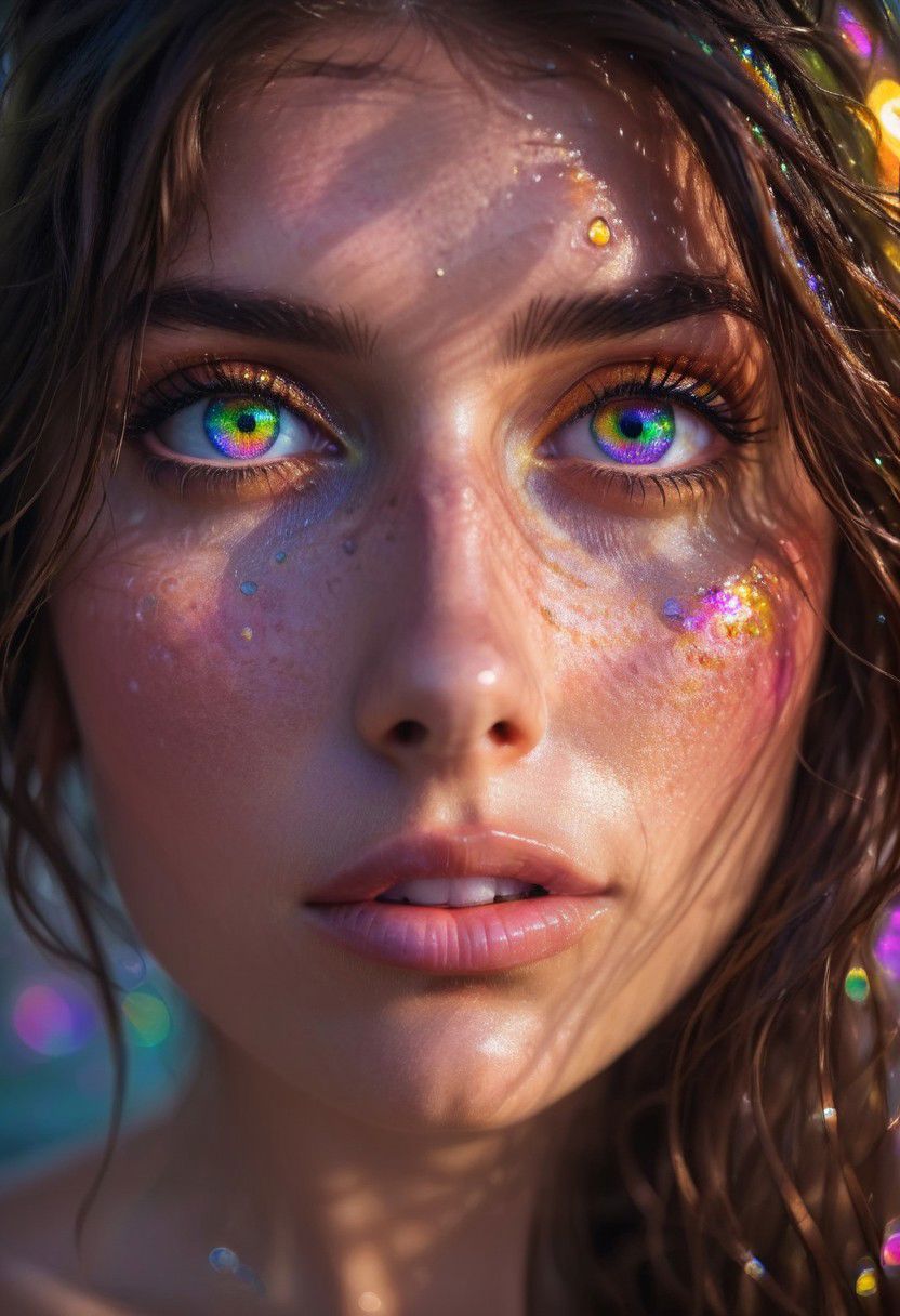 Half Portrait, artistic, flirty, brunette, half face in water, detailed shiny rainbowiridal palette eyes, intense gaze, bokeh, hasselblad