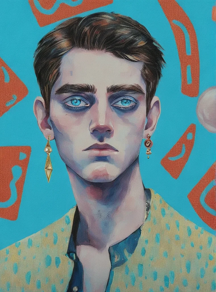 1boy, blue background, blue eyes, earrings, jewelry, looking at viewer, male focus, solo, pop surrealism , <lora:Graphic_Portrait:0.75>