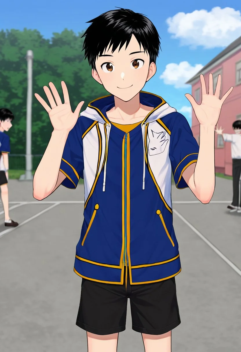 harmard, black hair, short hair, brown eyes, 1boy, solo, solo focus, wear open clothes, short sleeve, blue clothes, half clothes, wear black shorts, outdoor setting, waving hand gesture