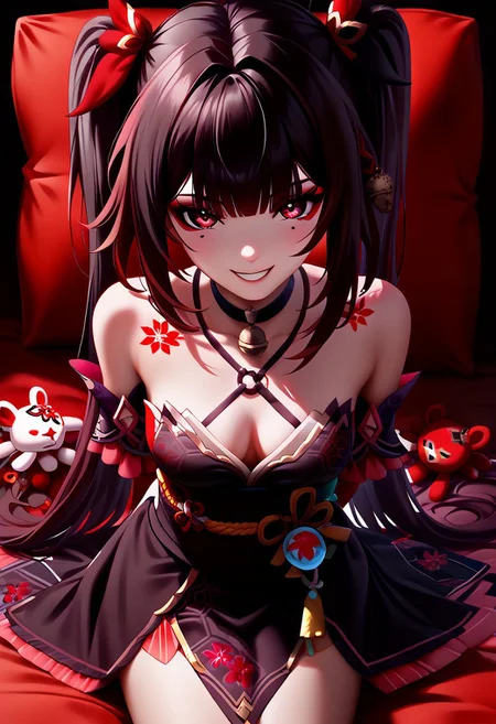 Sparkleee_Honkai
red_eyes, black_hair, twintails, long_hair, mole_under_eye, tattoo, small_breasts, neck_bell, halterneck, black_choker, mask_on_head, black_sash, bare_shoulders, cleavage, detached_sleeves, red_dress, tassel
DNDFG, Detailed drawing
1 solo girl, sit on big red pillow, look at viewer, grin smile, teasing, hands behind back, look from above
Dark-red room background, plushes toys. toys,  detailed room. detailed background, detailed