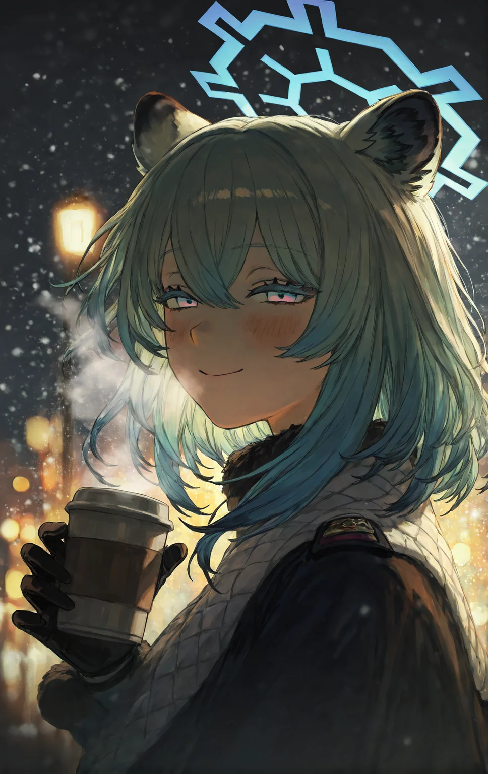 (funabashi \\(iwzry\\):1.3),(seapall:1.15),(solipsist:0.75),<lora:rafaelaaa:0.8>,no hat,1girl,winter,christmas eve,looking at viewer,street,mouth steam,holding coffee,(((dark, poor lighting:1.55))),(snowfall, winter, blizzard:1.2),photorealistic,\n\nmasterpiece,very aesthetic,best quality,very detailed,cinematic,muted color,pale color,shigure \(blue archive\),absurdres,(from_side:1.5),smile,closed mouth,blush,half-closed eyes,