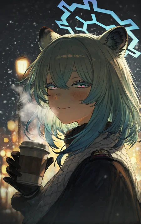 (funabashi \\(iwzry\\):1.3),(seapall:1.15),(solipsist:0.75),<lora:rafaelaaa:0.8>,no hat,1girl,winter,christmas eve,looking at viewer,street,mouth steam,holding coffee,(((dark, poor lighting:1.55))),(snowfall, winter, blizzard:1.2),photorealistic,\n\nmasterpiece,very aesthetic,best quality,very detailed,cinematic,muted color,pale color,shigure \(blue archive\),absurdres,(from_side:1.5),smile,closed mouth,blush,half-closed eyes,