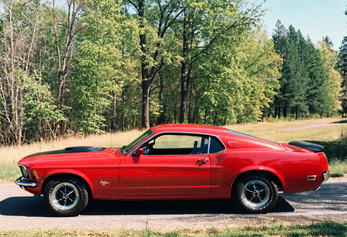 ClassicMuscleCar, red Ford Mustang, side view, sunny, road, vegetation, trees, 4K, highly detailed, (stylish grainy analog 35mm film photo, "BUZZ")