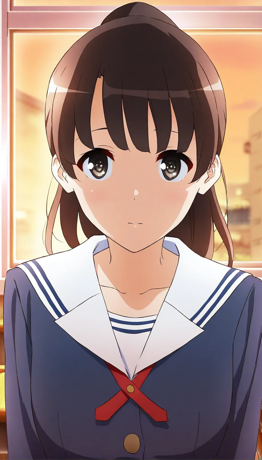 masterpiece,best quality,amazing quality,
<lora:megumikatoIL:1>,
katomegumi,
 1girl, solo, black hair, bangs, ponytail, brown eyes, pupils, looking at viewer, blue school blazer, red tie, portrait, facing aside, blurry background, sunset, lens flare, indoors, classroom, window, buildings is visible through window