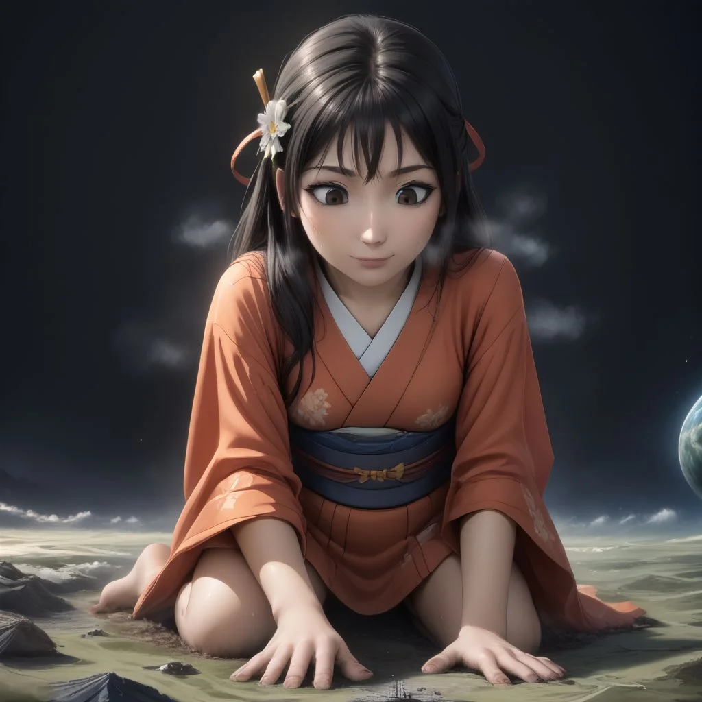 score_9, score_8_up, score_7_up, score_6_up, macro, giga macro, giantess,( 1girl:1.5), solo, solo focus,
(enju aihara, brown eyes, ribbon, hair ribbon, ribbon, long hair, black hair, hair ornament, kimono, colorful kimono, flower girl, bare legs, barefoot, looking down, sweating, adorable girl:1.3), (kneeling, crawling, on her knees, kneeling down:1.4), smiling, (kimono:1.2),
(cute female, love, flower girl:1.5), 1girl, perfect feet, feet, looking down, (sweat, sweaty, very sweaty, steam, steamy:1.4), (bare legs, barefoot:1.3), toes, (crawling, all fours, looking down:1.4), (dirty feet, sweaty feet, sweaty soles, steamy feet, dirty soles, feet dripping sweat, feet dripping with sweat, feet steaming, steam around feet, very sweaty feet, sweat on soles:1.3), flower girl, very cute girl, (dirty, digging, dirty feet, smoke around feet, smoke from destruction, muddy legs, mud on feet, dirty:1.1),
extreme detail, realistic, realism, masterpiece, perfect lighting, bloom, cinematic lighting, highres, (ultra realistic, 32k, masterpiece:1.2), (high detailed skin:1.1), (high quality:1.1), (detailed background, very detailed background:1.2),
(landscape:1.5), stepping on a tiny landscape, tiny landscape, tiny cities, destruction, mass destruction, (from space, view from space, earth \(planet\), black background, night sky, space:1.3), (photo background:1.2), solo, (planet size, giga size:1.2)