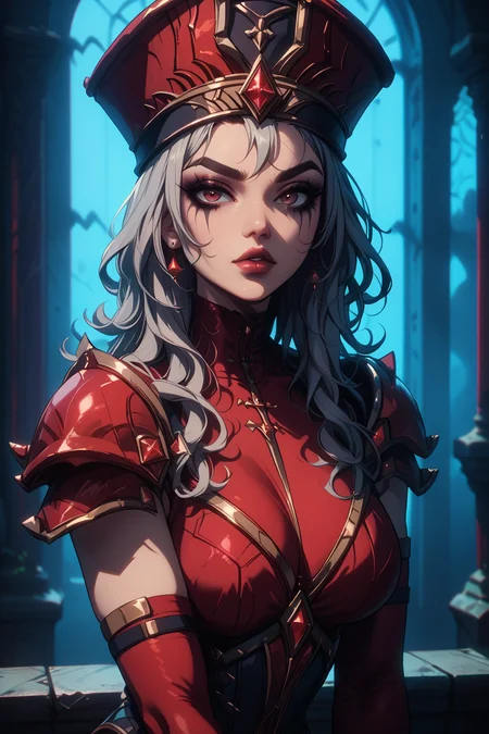 <lora:add-detail-xl:3> score_9,score_8_up,score_7_up,score_6_up, volumetric lighting, dynamic shading, 1woman, sexy, seductive, alluring, mature, thick eyebrows, thick eyeliner, dark eyeshadow, full lips, lips parted, huge breasts, looking at viewer,
BREAK
<lora:GLSHS-3e:1> GLSHS, <lora:sallywhitemane-wc-richy-v1_pdxl:1> sallywhitemane, red eyes, grey hair, long hair, mascara, hat, leotard, elbow gloves, shoulder armor, pauldrons, red thighhighs, pelvic curtain