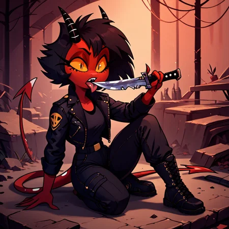 Millie, yellow sclera, slit pupils, red skin, black hair, short hair, horn, demon tail, demon girl, leather jacket, black cargo pants, army boots, KN1F3L1CKV1,licking_weapon, licking_blade,holding_knife, knife, holding_weapon
score_9, score_8_up, score_7_up, score_6_up