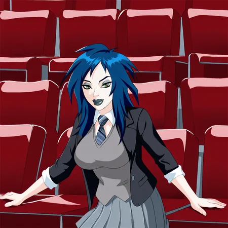 <lora:Kylie_pony_v1:.8> KylieGreyShirt, 1girl, makeup, lipstick, blue hair, large breasts, black lips, long hair, cowboy shot,
<lora:1014 Home wear 32_v1_pony:1> uanyi1014,black jacket,grey skirt,grey vest,pleated skirt,striped necktie,clasp,