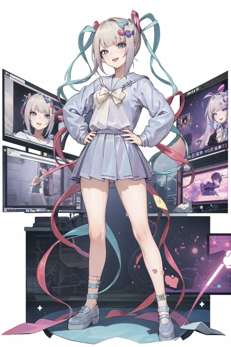 masterpiece, best quality, 1girl, solo, smile,  <lora:kangelNeedyGirl_v10:1>, school uniform, computer, cyberpunk, skyscraper, streamer, hand on hip, <lora:tachi-e:1>, tachi-e, white background, full body