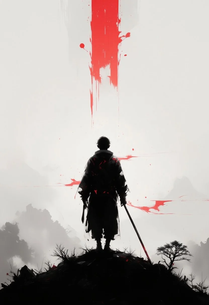 aidmaimageupgrader, monki, hill, back view stave, shadow, silhouette, black and white, monochrome, red accents, dramatic lighting, atmospheric, foggy background, japanese culture, minimalist, moody, contrast, sunset glow, isolated figure, reflective pose,pscho_4rt