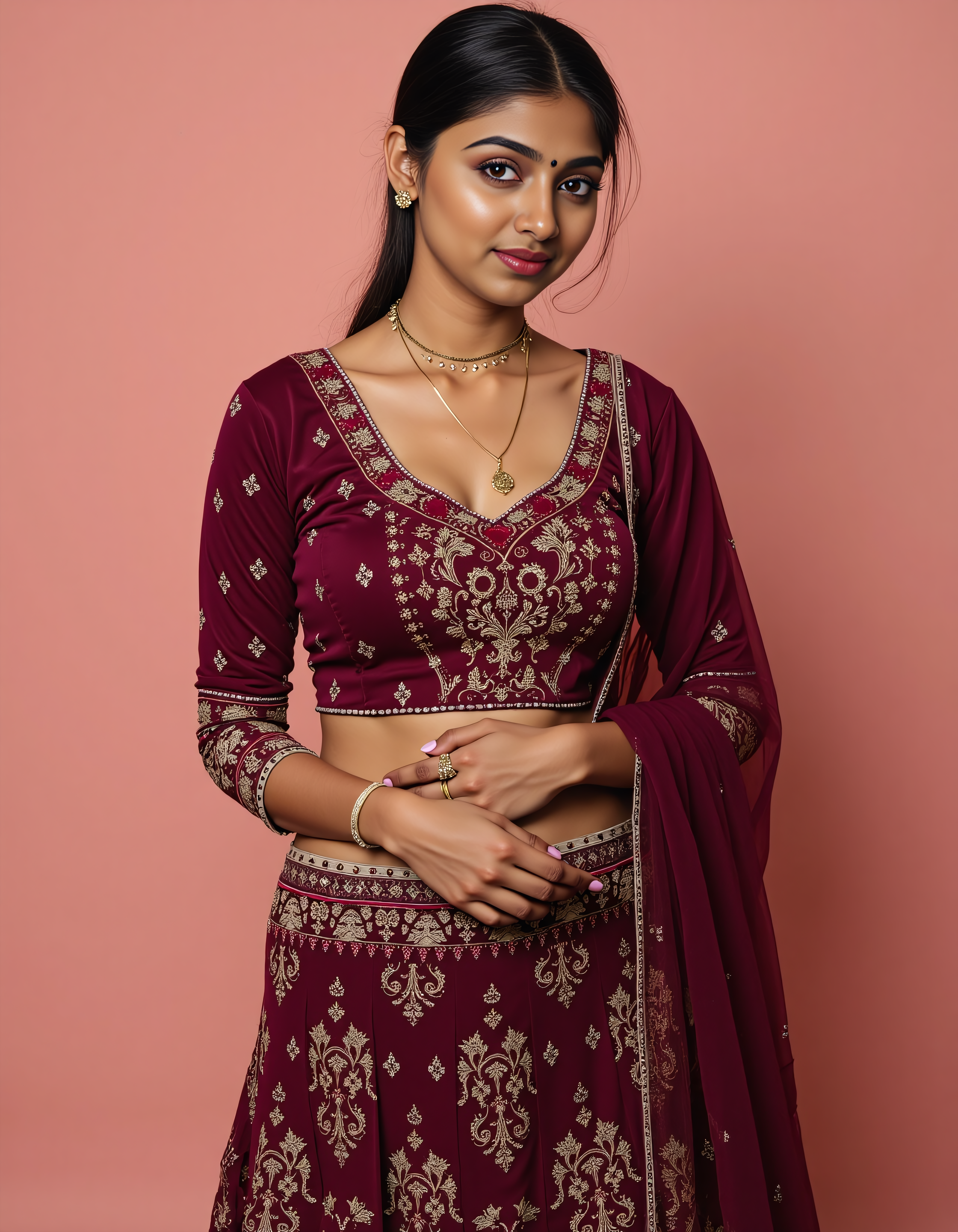 headshot photo of de51 medium woman, thin waist with hourglass figure, hyper realistic candid photo, studio quality, wearing intricate conservative long sleeved Burgundy Ghagra Choli, pixie, pastel shaded multicolored background, cinematic lighting,  <lora:Desi_Coffee_Flux_Kohya_LoRA_v3:1>âââ
