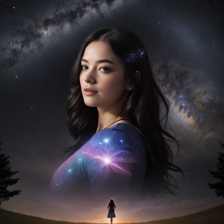 A close up portrait of a fantasy image of a woman's outline containing the entire galaxy inside of her, <lora:Galaxy_Girl-V02:0.4>, as she stands in a field in spring at night,  surrounded by a soft glow