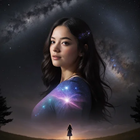 A close up portrait of a fantasy image of a woman's outline containing the entire galaxy inside of her, <lora:Galaxy_Girl-V02:0.4>, as she stands in a field in spring at night, surrounded by a soft glow