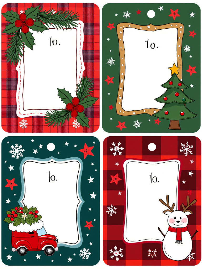 Christmas Label Tags 4x2 grid layout, lines, colorful christmas frames with a christmas icon on the side. It says: "To:". White background.
<lora:ChristmasLabelsFlux:0.9>