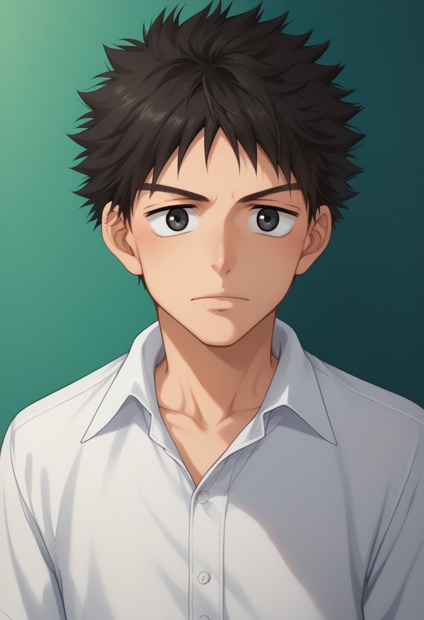 score_9, score_8_up, score_7_up, source_anime, highly detailed, 
takaya, 1boy, male focus, solo, black hair, day, 
upper black eyes, spiked hair, shirt, collared shirt, white shirt,