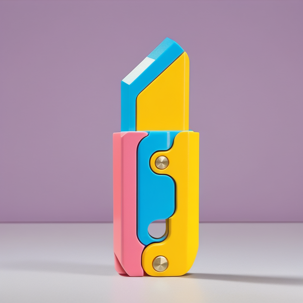 A photorealistic image of a folding knife designed with bright, child-friendly colors such as pastel blues, pinks, or yellows. The knife should be floating above an open treasure chest, as if it's a special item within the chest. The blade and handle should both emit a soft, magical glow, illuminating the inside of the treasure chest below. The treasure chest should be wooden and ornate, filled with various treasures like gold coins and jewels, but the glowing knife should be the focal point. The lighting should highlight the knife and make it look inviting and magical,<lora:Luobo_knife3:0.55>