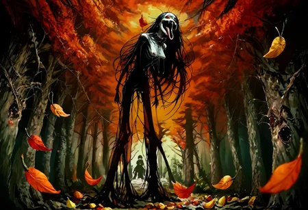 score_9, score_up_8, masterpiece, best quality, explicit,
hasshaku-sama, mature woman, large woman, tall woman, sagging breast, enormous breast, long hair, black hair, horror (theme), collar bone, bony body, skinny, anorexic, fall season, trees, red yellow and orange leaves, falling leaves, night, garden, Expressiveh,
teeth, tongue, open mouth, horror, blood, stiches, scars, black tongue, very long tongue, black tears, full body