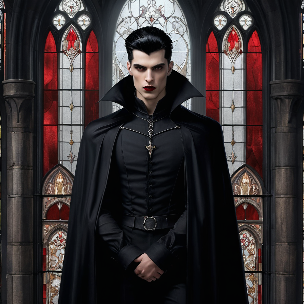 photo realistic, young  vampyr, gothic castle, vampyr boy,  pale skin,  black hair,  , bangs, ,  giant epic castle, stained glass background, black capes, dark red lipstick, slim body
<lora:tendril_bangs_v1.9:1.5>