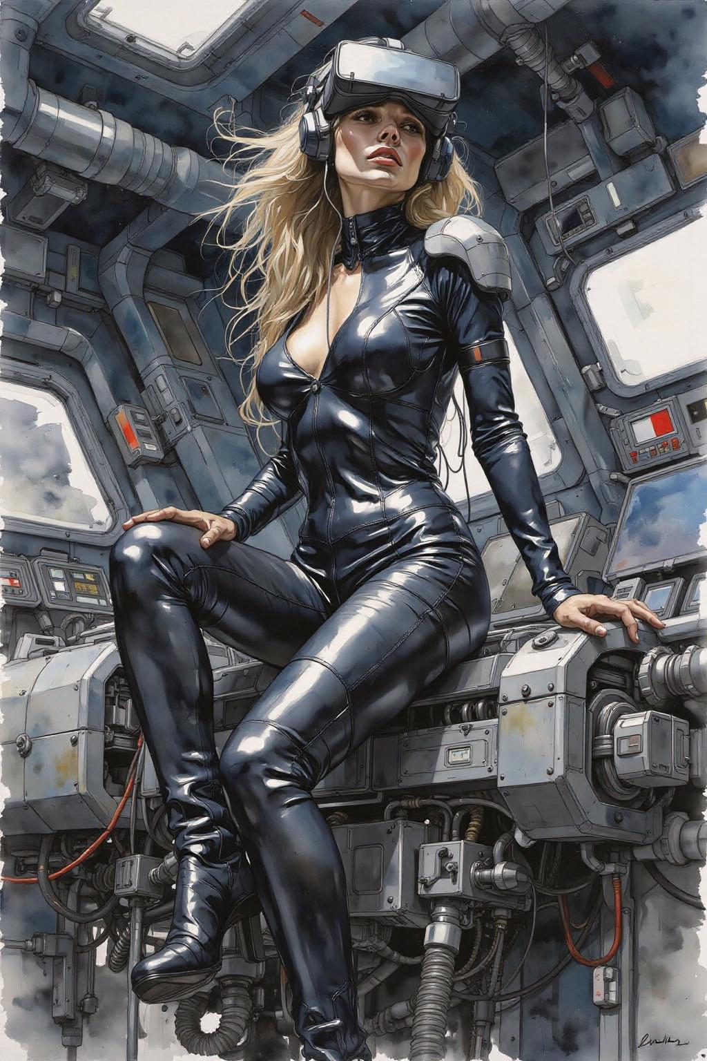yawc1 watercolor.
A striking, futuristic scene depicts a woman dressed in sleek, form-fitting leather attire, sitting confidently atop an open power suit, inspired by the cyberpunk aesthetics of Masamune Shirow. The power suit, a blend of advanced technology and military-grade armor, features intricate mechanical details, exposed wiring, and a robust, yet streamlined design. The woman, wearing a cutting-edge VR headset, exudes a sense of control and mastery over the machine beneath her. Her posture is relaxed yet commanding, with one hand resting on the suit’s metallic surface and the other casually holding a piece of advanced tech. The background is a high-tech industrial setting, with dim lighting that casts dramatic shadows, highlighting the fusion of human and machine. The overall atmosphere is one of futuristic coolness and cybernetic elegance, capturing the essence of Shirow’s iconic     <lora:yawcolor_flor2_d4a2:1.0> <lora:Flux-Sch-SingleBlocks-BF16:1.0><lora:798999436442209283:0>