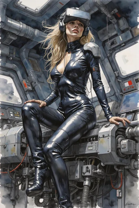 yawc1 watercolor.
A striking, futuristic scene depicts a woman dressed in sleek, form-fitting leather attire, sitting confidently atop an open power suit, inspired by the cyberpunk aesthetics of Masamune Shirow. The power suit, a blend of advanced technology and military-grade armor, features intricate mechanical details, exposed wiring, and a robust, yet streamlined design. The woman, wearing a cutting-edge VR headset, exudes a sense of control and mastery over the machine beneath her. Her posture is relaxed yet commanding, with one hand resting on the suit’s metallic surface and the other casually holding a piece of advanced tech. The background is a high-tech industrial setting, with dim lighting that casts dramatic shadows, highlighting the fusion of human and machine. The overall atmosphere is one of futuristic coolness and cybernetic elegance, capturing the essence of Shirow’s iconic <lora:yawcolor_flor2_d4a2:1.0> <lora:Flux-Sch-SingleBlocks-BF16:1.0><lora:798999436442209283:0>