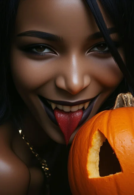 masterpiece, cinematic photography, highest quality, a smirking gorgeous 23yo African vampire woman, smokey eye make-up, black lipstick, fangs, carved orange pumpkin, extreme close-up face view, ArsMJStyle, dnddarkestfantasy, <lora:F4ngs>, <lora:DnD Darkest Fantasy>long tongue out