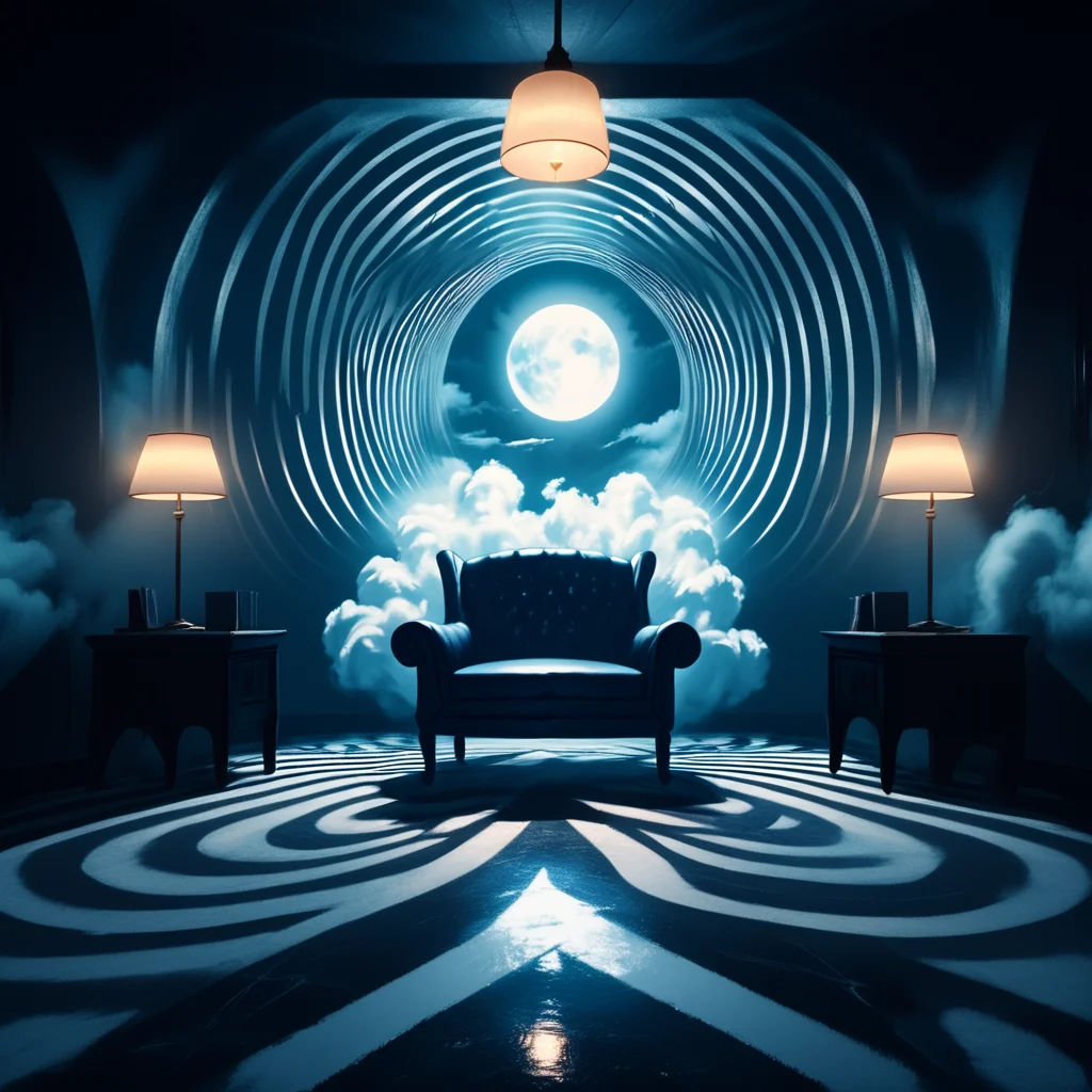 core_9, score_8_up, score_7_up, score_6_up, <lora:Geometric_Dreamlike_MoviePony:1> no humans, chair, moon, shadow, sky, cloud, dark, scenery, night, blue theme, ArsMovieStill, A dreamlike movie still, The image shows a dark room with a large circular tunnel-like structure in the center. The tunnel appears to be made up of vertical lines that create a wave-like pattern. The walls are made of dark blue fabric and the floor is covered in black and white striped lines. In the center of the tunnel there is a large white circle that is glowing in the dark. On either side of the circle there are two small tables with lamps on them. The room is dimly lit creating a mysterious and eerie atmosphere. The overall mood of the image is eerie and mysterious.