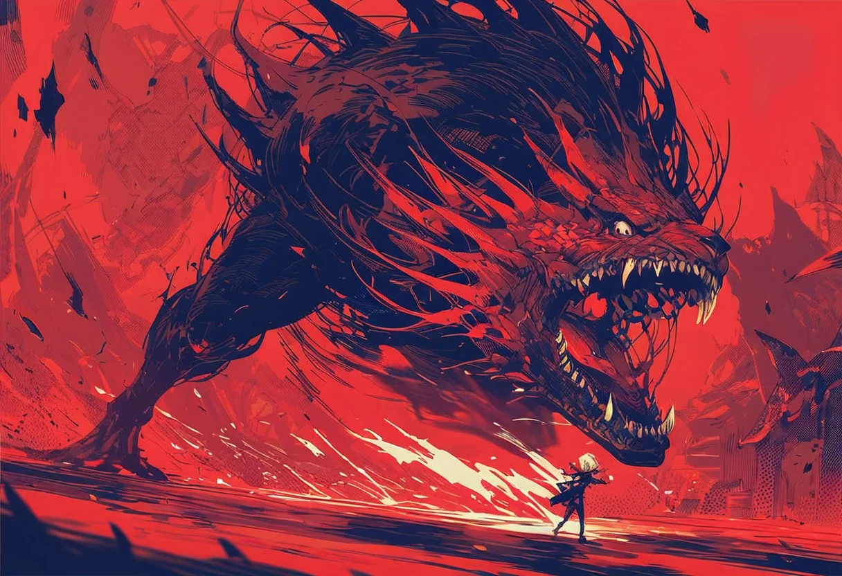 XUER guangying, score_9, score_8_up, score_7_up, score_6_up, monster, motion blur, battle, fangs, white hair, limited palette, red theme, artstation, masterpiece