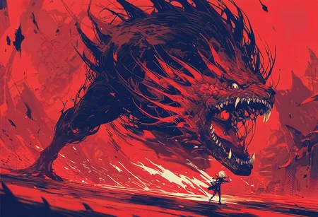 XUER guangying, score_9, score_8_up, score_7_up, score_6_up, monster, motion blur, battle, fangs, white hair, limited palette, red theme, artstation, masterpiece