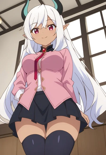 score_9, score_8_up, score_7_up, score_6_up, score_5_up, score_4_up, epic-Ultra-HD-details, epic-Ultra-HD-highlights, 2.5D-upscaled-resolution, source_anime, digital-quality, semi-realism, physically-realistic, lit, cutesie,
afrobullstyle,
BREAK source_anime, anime, best quality, masterpiece, rating_safe, uncensored, High quality, 8k, Ultra,
BREAK (4partment,indoors, window, scenery, cityscape),
BREAK 1girl,beelzebub, white hair, red eyes, horns, dark-skinned female, long hair, pointy ears, demon girl,
jirai kei,pink shirt,black skirt,twintail,thighhighs,
BREAK ((cowboy shot)),(standing),(from below),(((from front))),
busty breasts,(((medium breasts:1.2))), (thick thighs,:1,2),
looking at viewer,smile,blush,