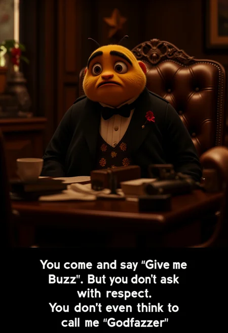 A cute fluffy bee in a black jacket, white shirt and bow tie sits in a leather chair at an expensive desk, like a mafia godfather, and looking at the viewer with a tired face. The room is dimly lit.
At the bottom of the picture is a white text with a black outline, written in a sans-serif font: 'You come and say "Give me Buzz". But you don't ask with respect. You don't even think to call me "Godfazzer"'
<lora:Cute_3d_Cartoon_Flux:0.6>