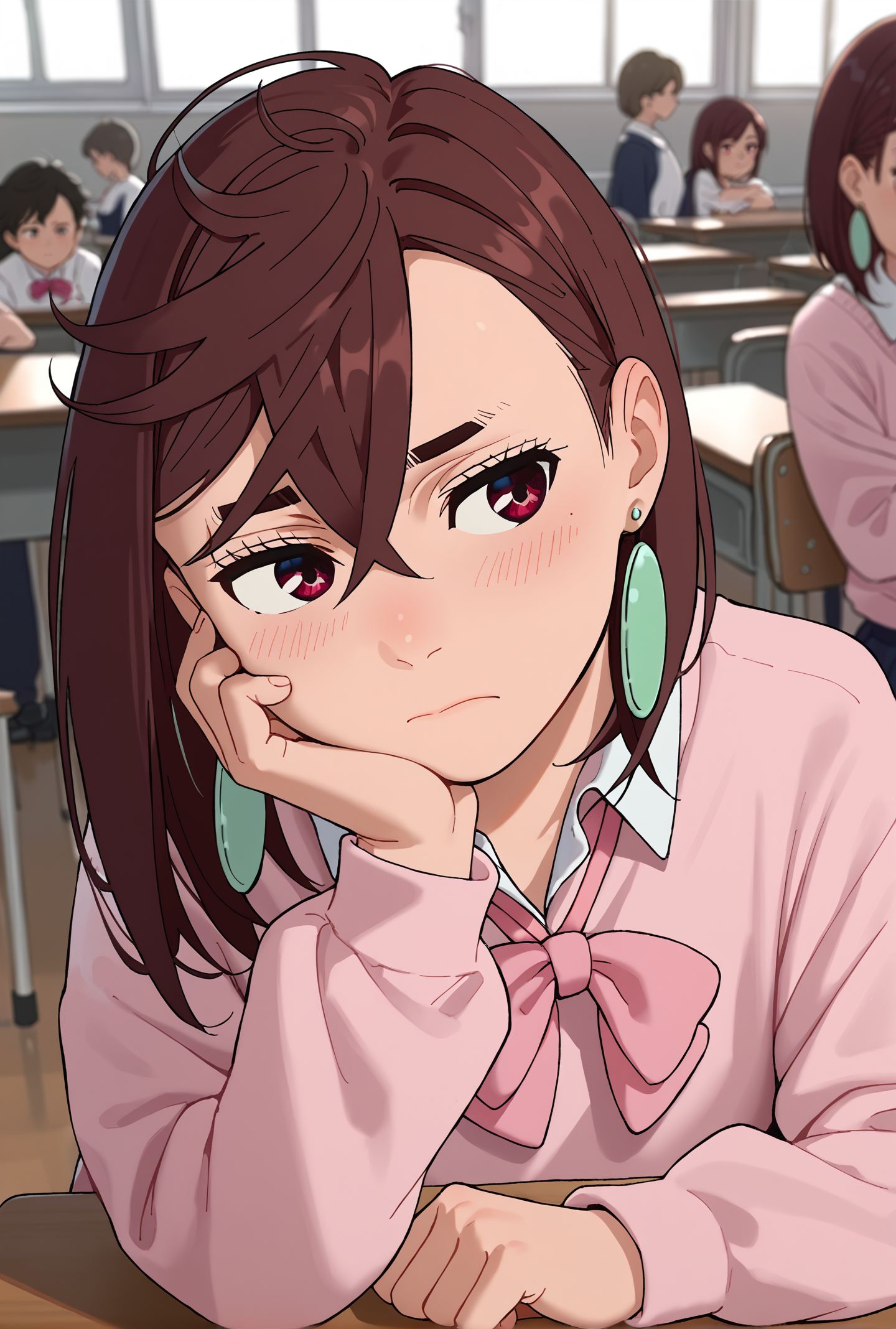 score_9,score_8_up,score_7_up,masterpiece, best quality, <lora:WHM 0.2v:0.5>, WHM, 2D,anime,  
1girl, arm rest,embarrassed, blush, school desk, classroom, sitting,  multiple girls, classmate,
closed mouth,one hand  head rest  , looking to the side, one hand on face, head tilt, crowd ,
BREAK
 ayase_momo, 1girl, earrings, jewelry, solo, brown hair,  red eyes, close-up, crossed bangs, hair between eyes, brown eyes, <lora:momo_ayase_dandadan:1>long sleeves,  oversized clothes, pink shirt, bowtie, collared shirt,