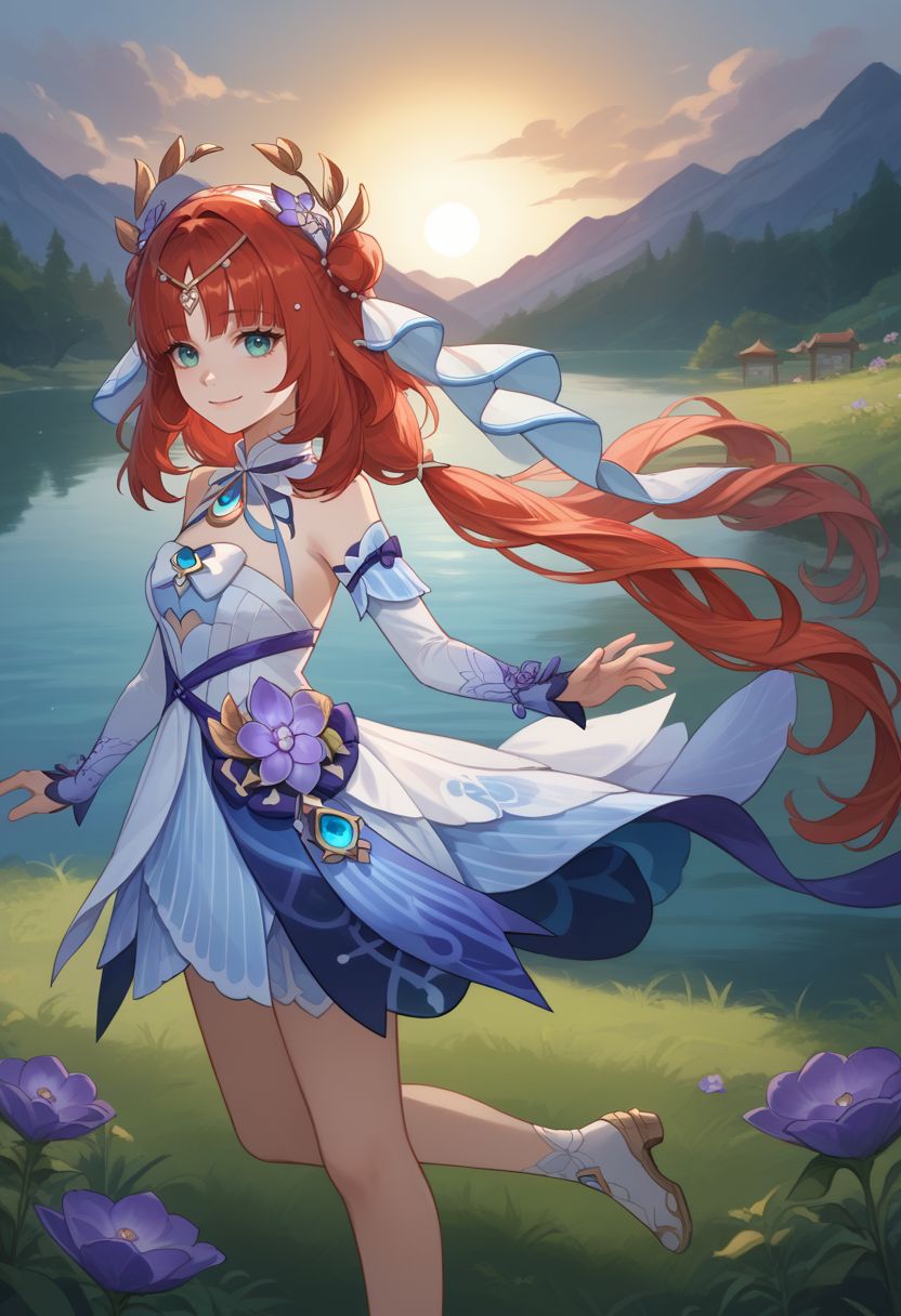 score_9, score_8_up, score_7_up, source_anime, 1girl, nilousabaa, red hair, long hair, aqua eyes, parted bangs, low twintails, medium breasts, hair ornament, hair flower, purple flower, hair bun, fake horns, circlet, white dress, clothing cutout, detached sleeves, bare shoulders, long sleeves, white veil, gem, brooch, blue gemstone, vision \(genshin impact\), standing, smile, looking at viewer, outdoors, lake, sun, grass, cowboy shot, <lora:Nilou_v1-000007:1>