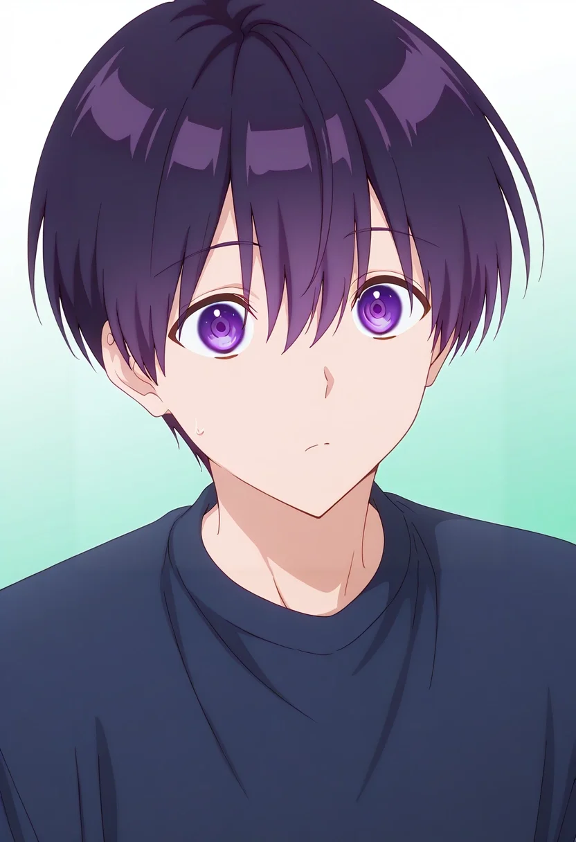 masterpiece, best quality, , ,, 1boy, solo, male focus, <lora:yuuki_izumi_ilxl:0.92>, yuuki_izumi, purple hair, purple eyes, short hair, bangs, hair between eyes, ,