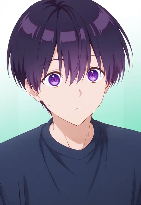 masterpiece, best quality, , ,, 1boy, solo, male focus, <lora:yuuki_izumi_ilxl:0.92>, yuuki_izumi, purple hair, purple eyes, short hair, bangs, hair between eyes, ,