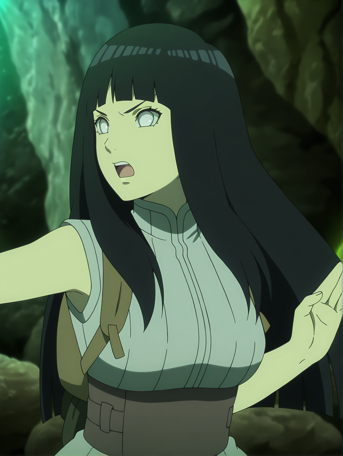 <lora:Hinata_Hyuga:0.8>, hinata, 1girl, solo, long black hair, bangs, white eyes, no pupils, sleeveless gray shirt, high collar, brown belt, backpack, angry, serious, open mouth, fighting stance, dynamic pose, raised arm, looking ahead, upper body, from side, indoors, green lighting, cave, rocks
