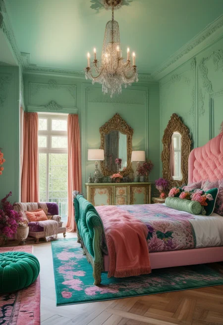 Light mood masterpiece photography, realistic, realistic photograph, inside bedroom, gaudy, colors, floral headboard, green wooden bedframe, maximalism, green and blue and pink, purple, in bedroom, soft rug, floral rug, mirror with floral frame, vanity, beanbags, chandelier, lanterns, beaded curtains, large windows, pale coral, #b8e186, #f1b6da