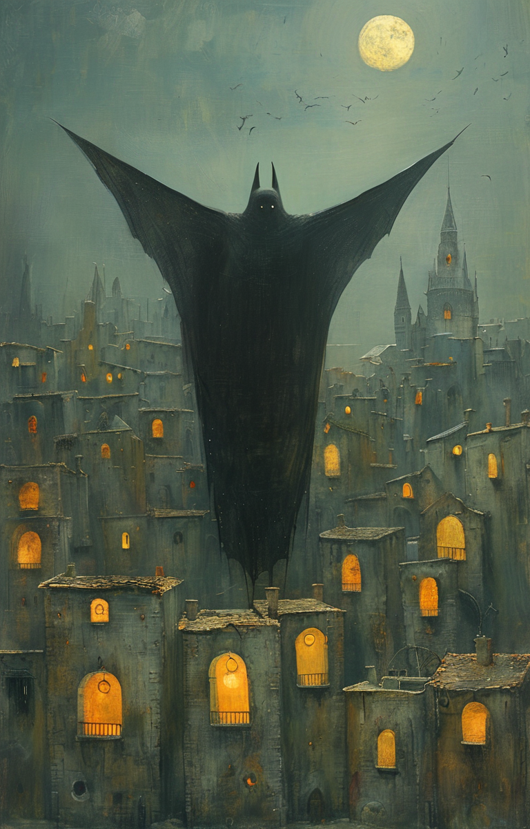 masterpiece,best quality,<lora:tbh161-sdxl:0.9>,illustration,style of Shaun Tan, Nazgul over sleeping town