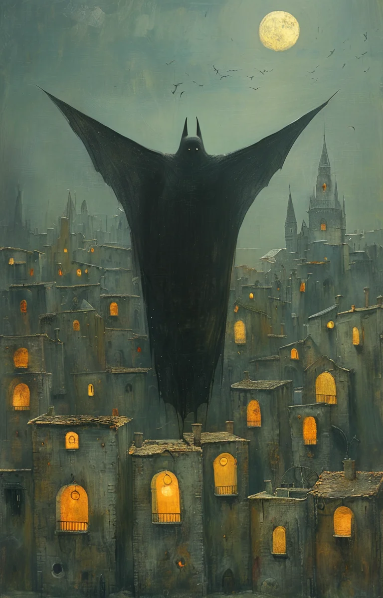 masterpiece,best quality,<lora:tbh161-sdxl:0.9>,illustration,style of Shaun Tan, Nazgul over sleeping town
