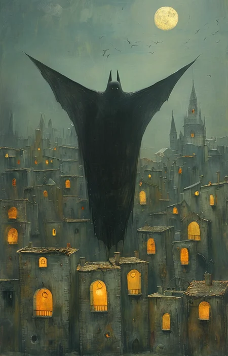 masterpiece,best quality,<lora:tbh161-sdxl:0.9>,illustration,style of Shaun Tan, Nazgul over sleeping town