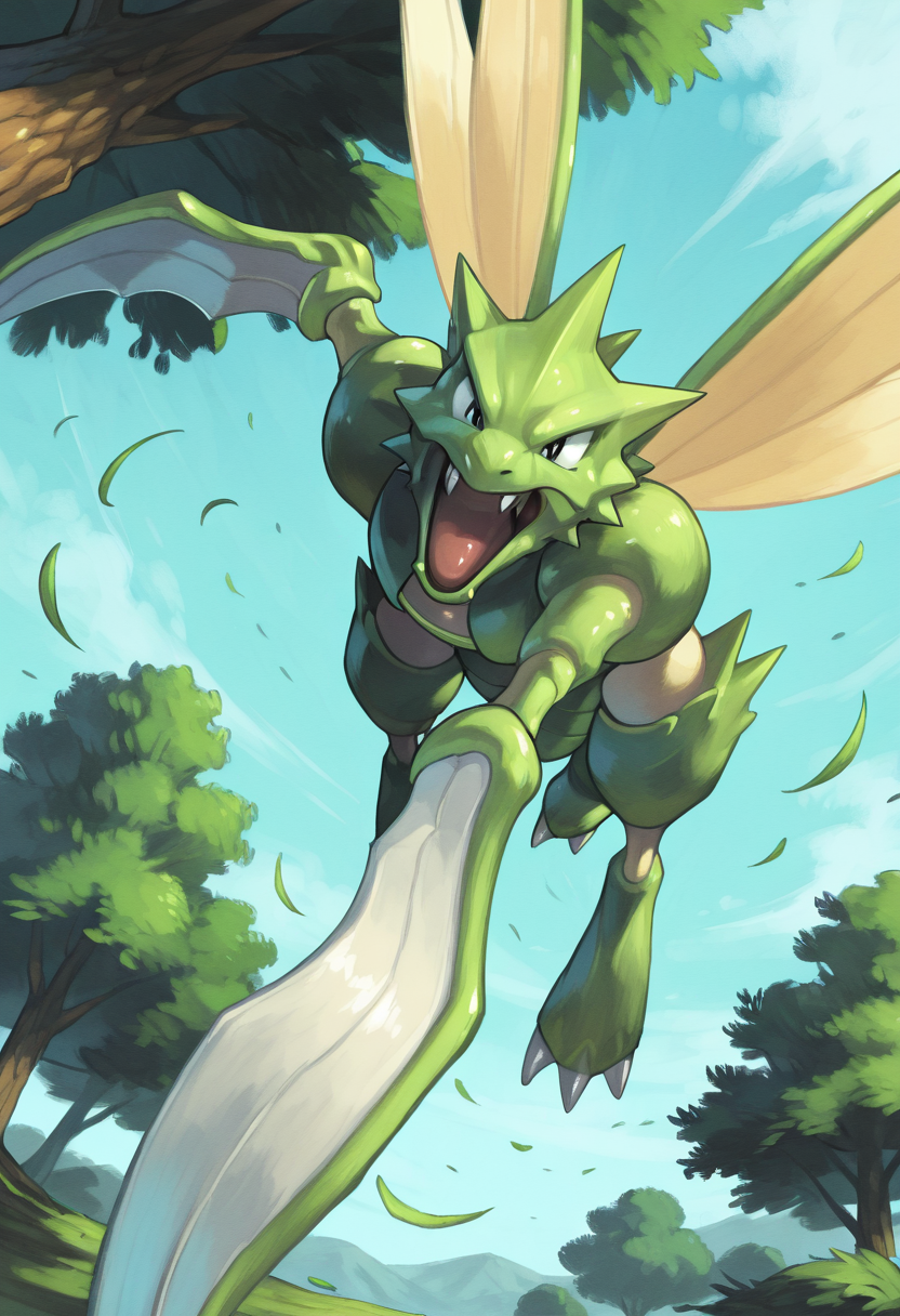 masterpiece, best quality, no humans,   ,<lora:ScytherPokedex_IXL:1.0>,  zzScyther, open mouth, outdoors, sky, day, tongue, blurry, black eyes, tree, leaf, fangs, claws, flying, motion blur, falling leaves