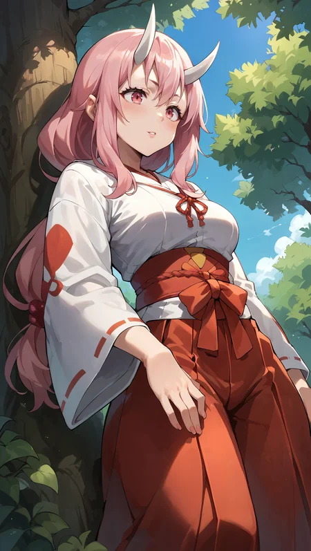 score_9,score_8_up,score_7_up,score_6_up, source_anime, zPDXL, <lora:Shuna - Pony-000004:0.7>, girl, low-tied long hair, pink hair, white oni horns, pink eyes, miko, red hakama, <lora:Wakfu_CartoonV02:0.5>, <lora:xl_more_art-full_v1:0.5>, laying agains a tree, outdoors, (sunbeam), tree shade, trees, (sunbeam through leaves), low angle, dense foliage,