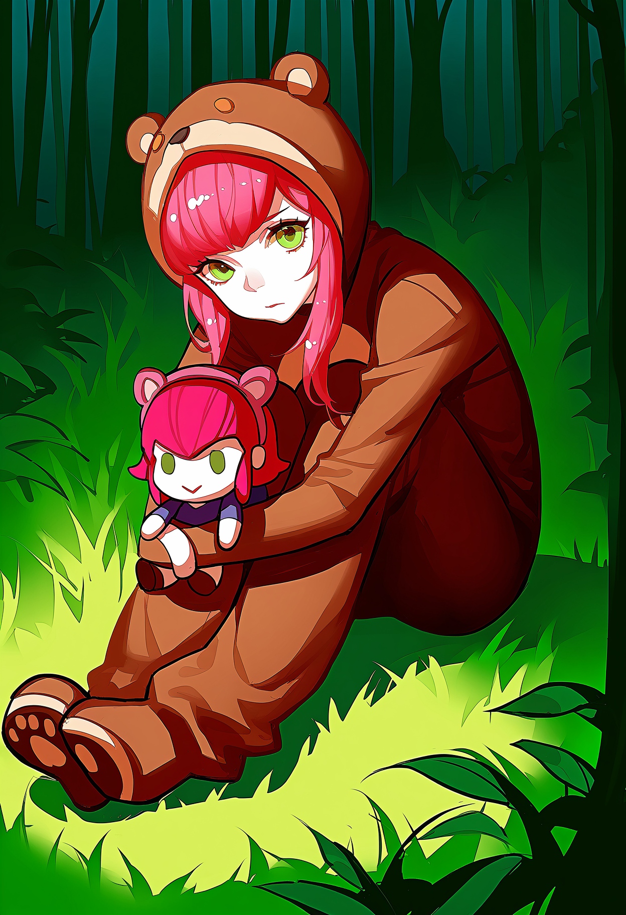 annie \(league of legends\),  reverse annie, league of legends, ask \(askzy\), zytr0nn,1girl, solo, short hair with long locks,  bangs, long sleeves,  animal ears, sitting, closed mouth, green eyes, pink hair,  hood, fake animal ears,  hood up,  animal hood,  bear ears,  animal costume, forest,annie plush toy,stuffed toy, character doll, 
(traditional media,:0.7)(hatching \(texture\),: :0.3)(masterpiece:0.5)