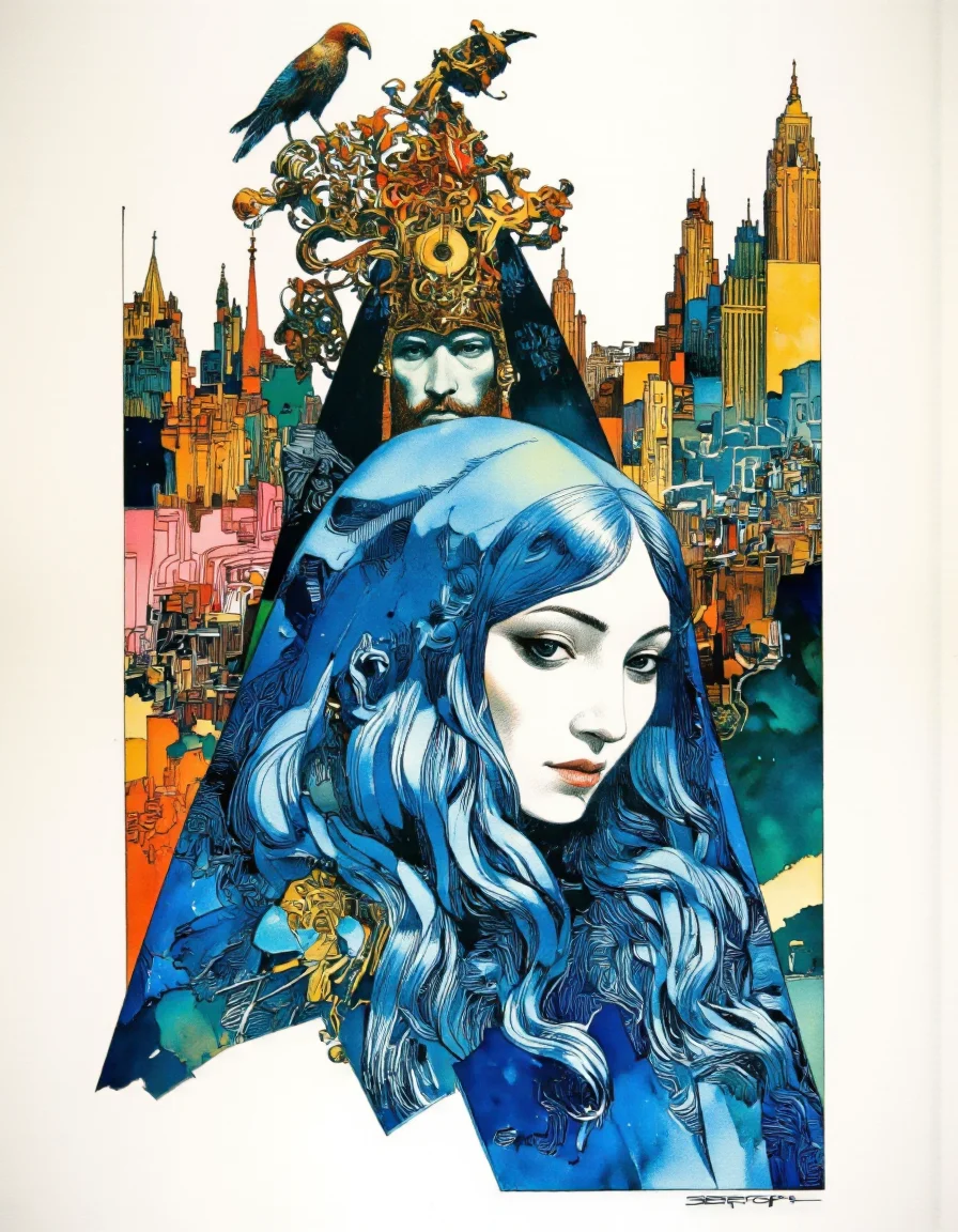 Art by Sergio Toppi. A digital illustration shoot from a frontal camera angle about a stylized illustration featuring a woman with blue hair and a mysterious figure, surrounded by a vibrant cityscape with abstract shapes and colors. the image is composed of a mix of abstract and surreal elements, with a white background. on the left side of the image, a man with a beard and a long beard, who appears to be in his mid-twenties, is standing in the middle of the frame, wearing a dark cloak and holding a large, ornate headpiece with a bird perched on it. he has a serious expression and is looking directly at the viewer, while on the right side, another woman with long, wavy blue hair is positioned in the foreground. she is wearing a blue cloak and has a serene expression. her hair is styled in a way that creates a sense of depth and dimension to the image. the background features a cityscape filled with colorful, abstract shapes, including buildings and skyscrapers, creating a surreal and dreamlike atmosphere. the colors used in the illustration are vibrant and abstract, with splashes of blues, greens, yellows, and pinks, adding to the surreal and surreal feel.