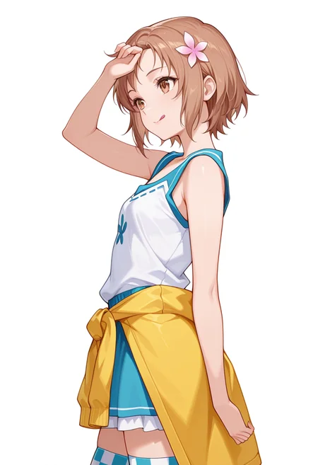 Smooth Quality,masterpiece,very intricate, high quality details, ultra realistic, high detailed skin,detailed enviorement,absurdres,
Hand on own forehead,
 <lora:Yukimura_Kusunoki_CNR:0.8> yukimuria_cnr, 1girl, brown hair, short hair, brown eyes,hair flower,, simple background, white background, from side,solo,, :q,, qipao top,clothes around waist,godet skirt,  ,checkered legwear,