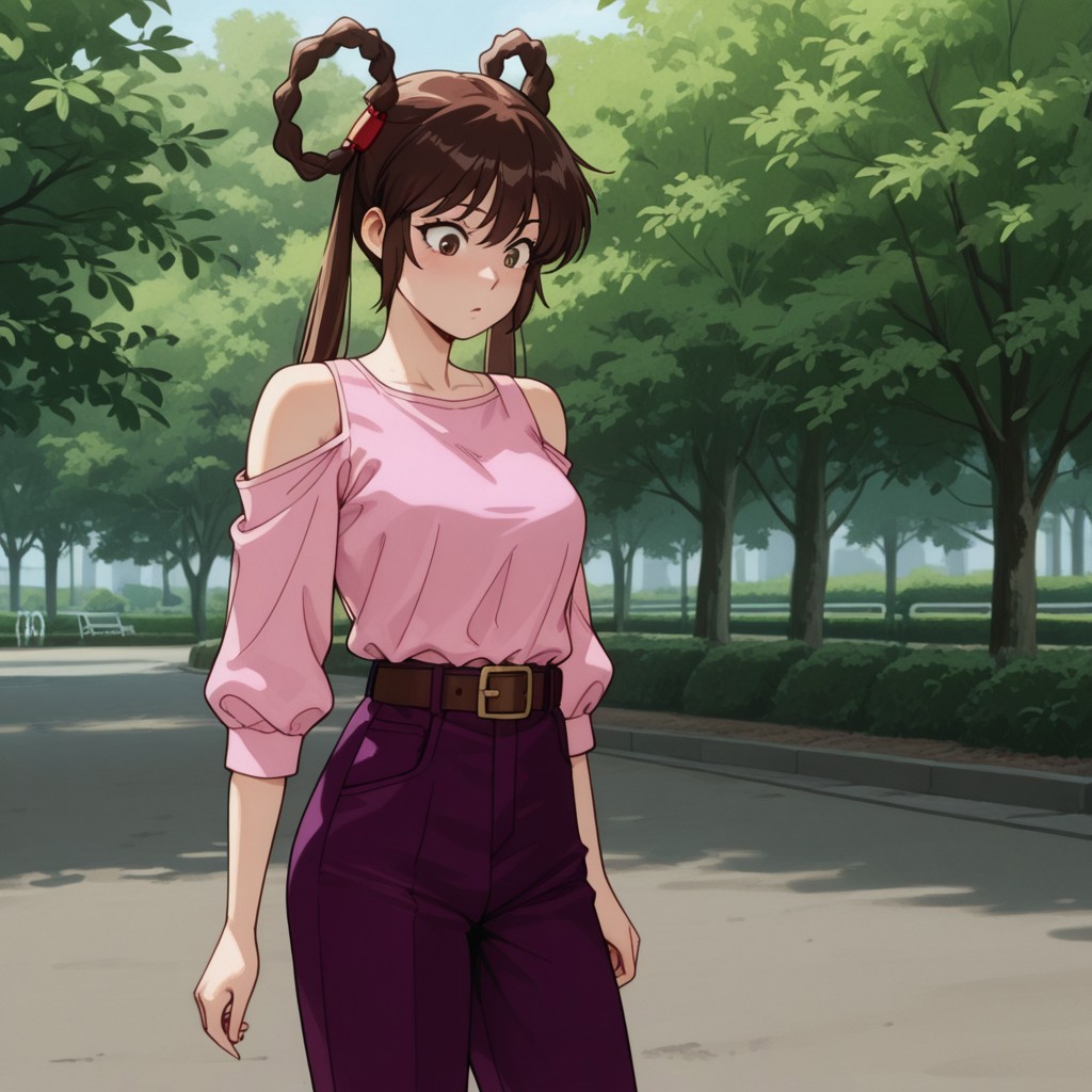 masterpiece, best quality, amazing quality,YohkoManoil, human, female, brown hair, hair rings, twintails, long hair, brown eyes, hair ornaments, pink shirt, shoulder cutout, purple pants, belt, at the park